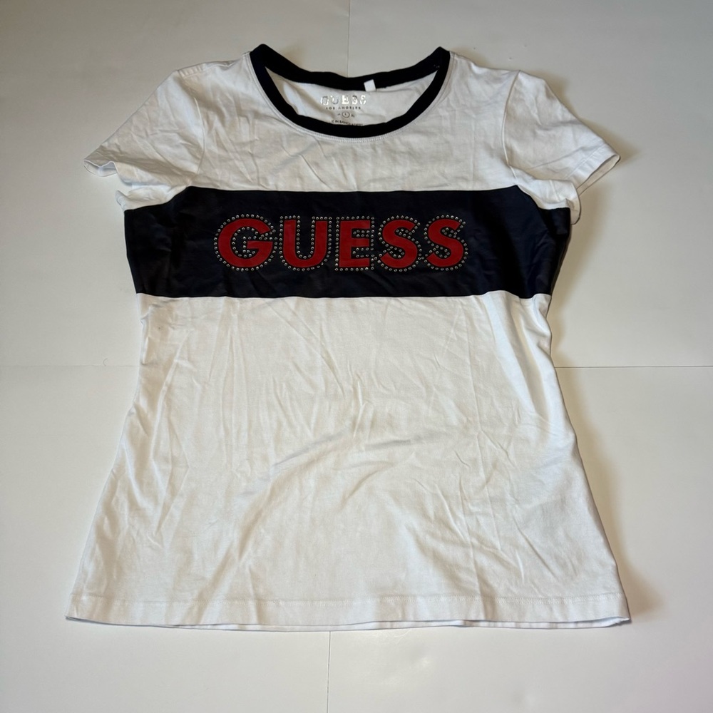 GUESS White Tee with Blue Chest Band‎ and Red Logo Studs